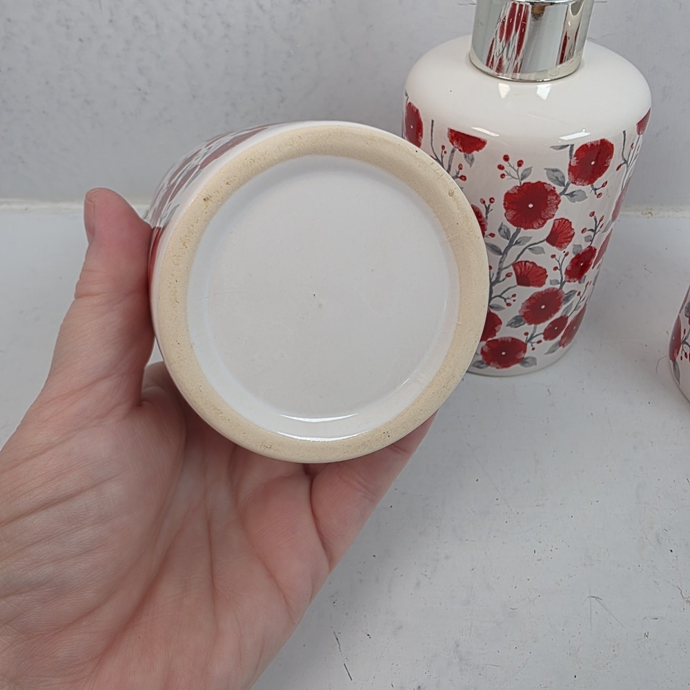 Modern Boho Ceramic Bathroom Accessories 3-Piece Set Red Floral Soap Dispenser - Picture 3 of 6